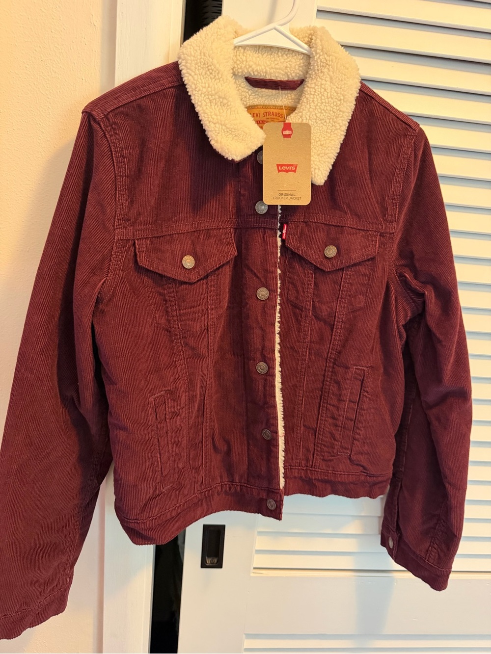 Levi's Burgundy Corduroy Sherpa-Lined Jean Jacket with Cream Collar